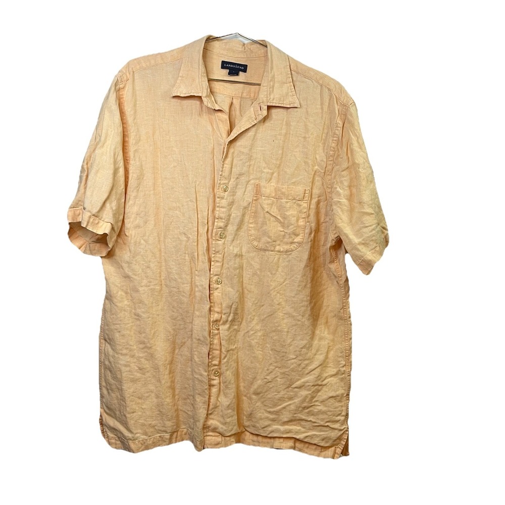Lands End Men Large L 16-16.5 Short Sleeve Linen Button Up Shirt Peach Orange